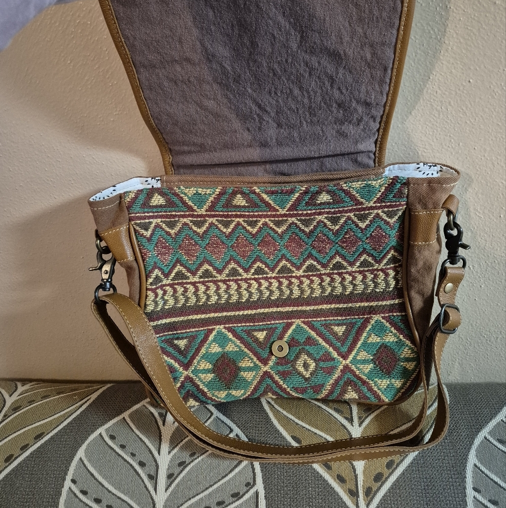 Myra Bag Western Leather Shoulder Canvas Crossbody Electric Ice Turquoise Brown - Picture 13 of 16